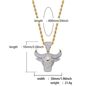 Bull God Long Necklace  24K Gold Plated AAA Cubic Zirconia