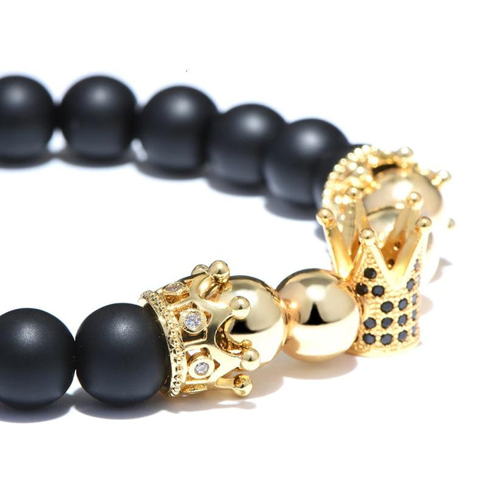 Classic King Crown Design Mens Bracelet Gold Silver Color Natural 8mm Stone Beads Bracelets For Men Cool Biker