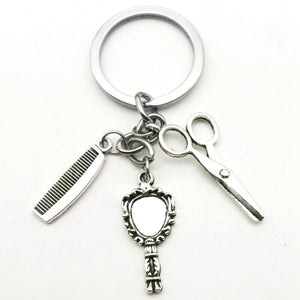 Hair Dryer, Mirror, Comb, Scissors Keychain Silver unisex