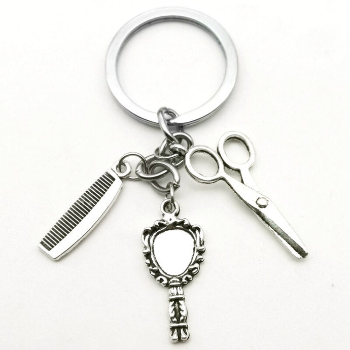 Hair Dryer, Mirror, Comb, Scissors Keychain Silver unisex