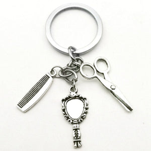 Hair Dryer, Mirror, Comb, Scissors Keychain Silver unisex