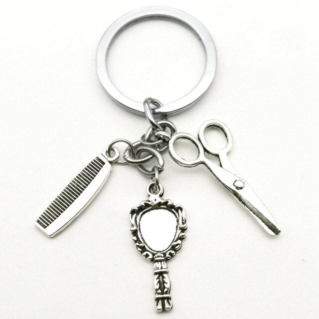 Hair Dryer, Mirror, Comb, Scissors Keychain Silver unisex