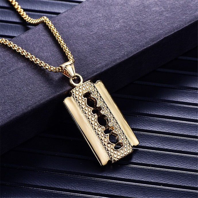 Razor Blade Pendants Necklaces Gold Color Stainless Steel Chain Barber Shop