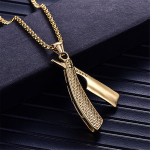 Razor Blade Pendants Necklaces Gold Color Stainless Steel Chain Barber Shop