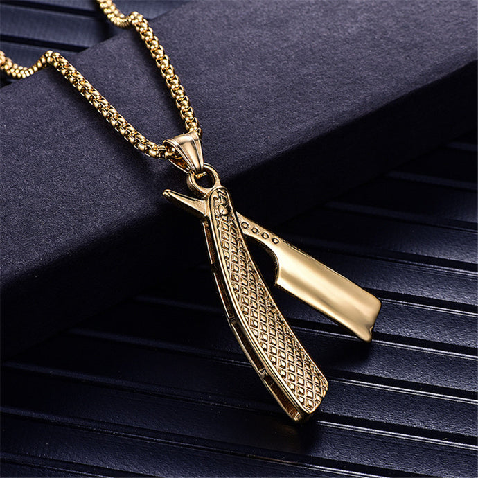 Razor Blade Pendants Necklaces Gold Color Stainless Steel Chain Barber Shop