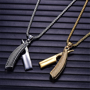 Razor Blade Pendants Necklaces Gold Color Stainless Steel Chain Barber Shop