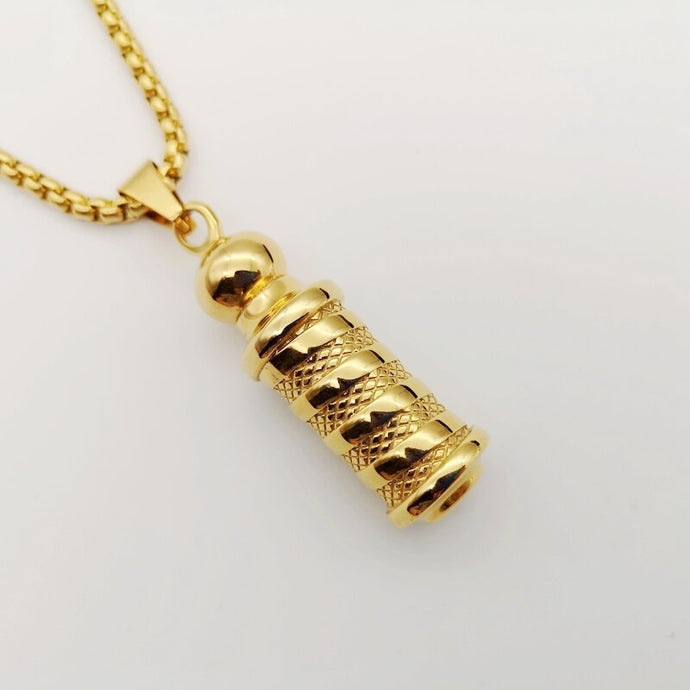Black Knight Gold color stainless steel carved Cylinder pendant Unique necklace