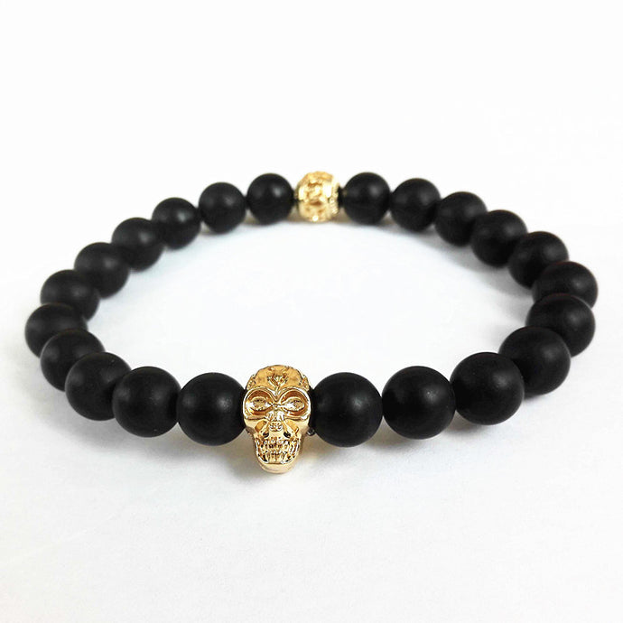 KEJIALAI Jewelry 8MM Matte Stone Beads Bracelet 24K Gold Skull Elastic Bracelets
