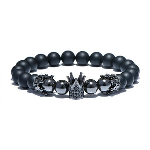 Classic King Crown Design Mens Bracelet Gold Silver Color Natural 8mm Stone Beads Bracelets For Men Cool Biker