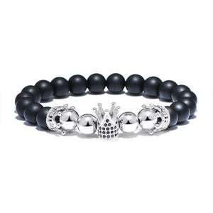 Classic King Crown Design Mens Bracelet Gold Silver Color Natural 8mm Stone Beads Bracelets For Men Cool Biker