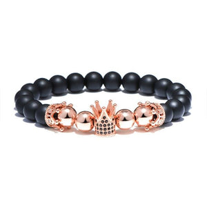 Classic King Crown Design Mens Bracelet Gold Silver Color Natural 8mm Stone Beads Bracelets For Men Cool Biker