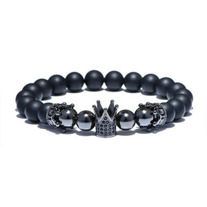 Classic King Crown Design Mens Bracelet Gold Silver Color Natural 8mm Stone Beads Bracelets For Men Cool Biker